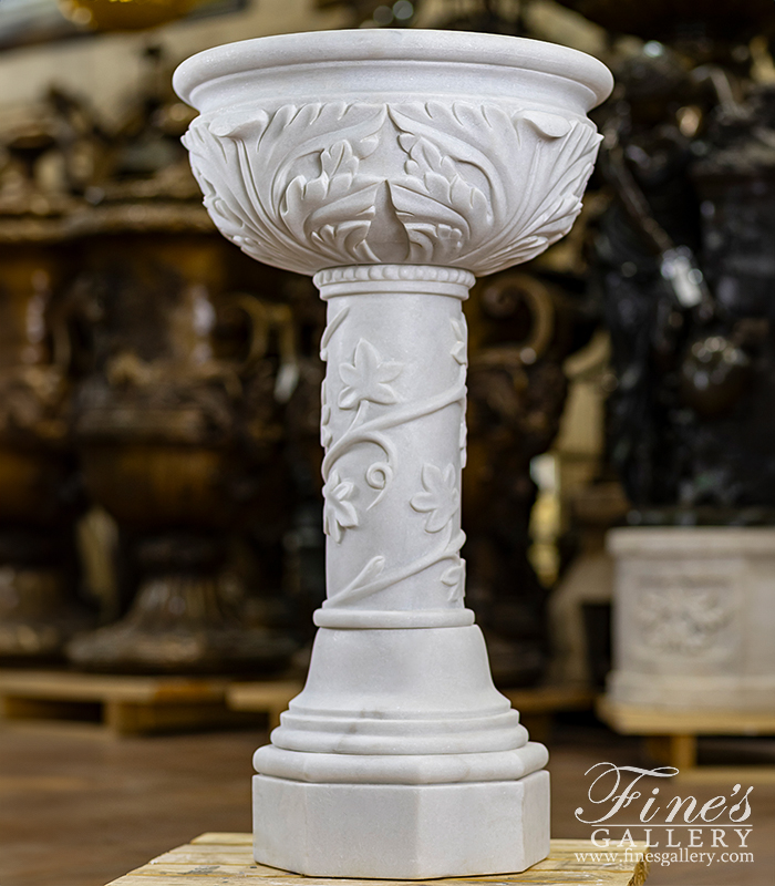 Marble Fountains  - Vine And Leaf Birdbath In Statuary Marble - MF-2175